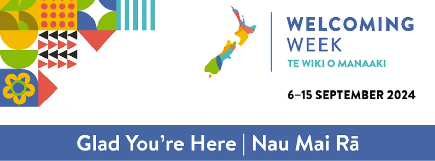 Image giving the date of Welcoming Week for 2024, and a map of Aotearoa